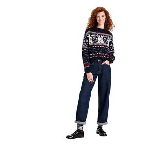 Cozy Apline Bullseye Dog Crewneck Sweater Navy Long Sleeve XS